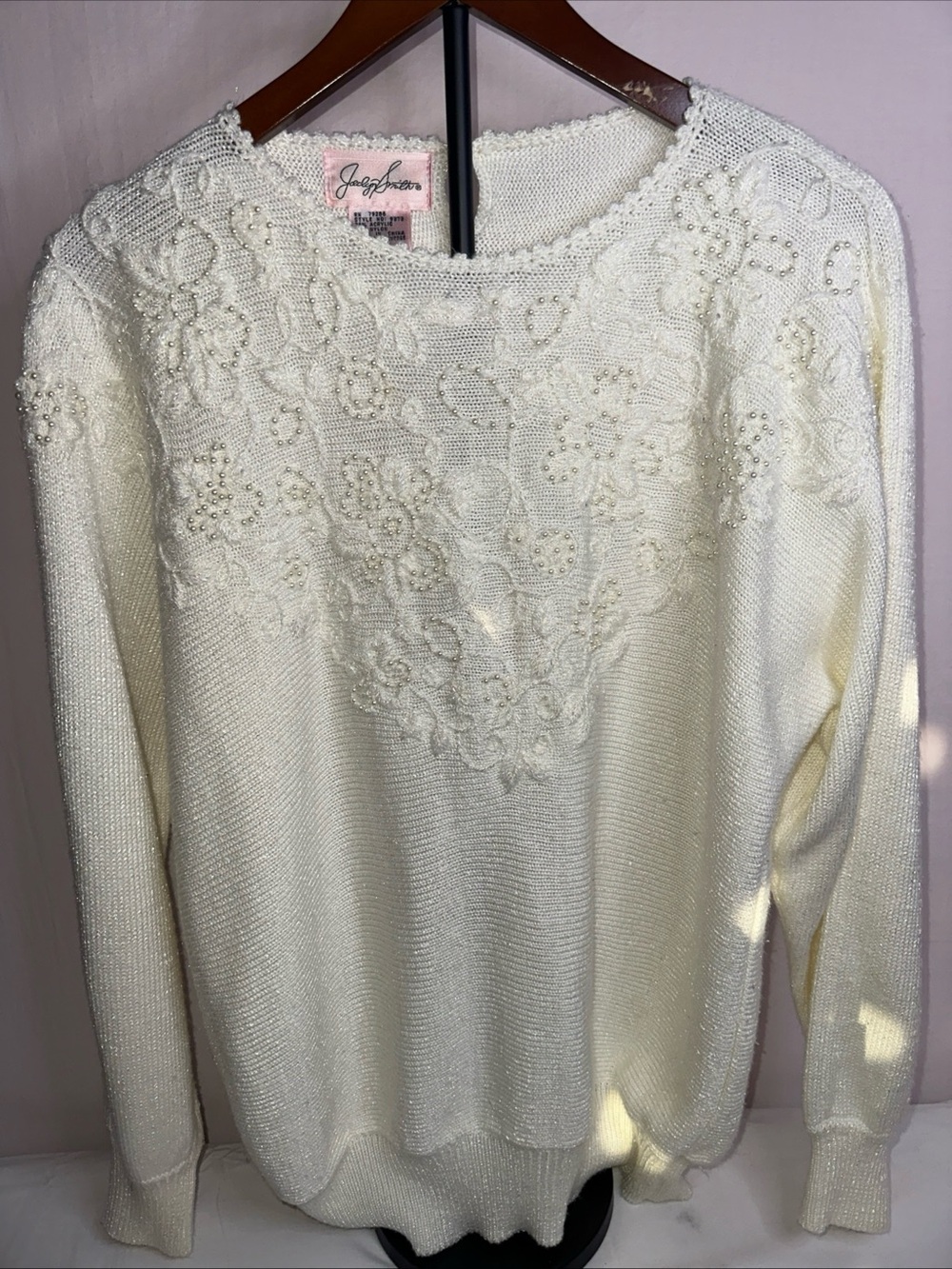 Jaclyn Smith Ivory Beaded Floral Crewneck Sweater